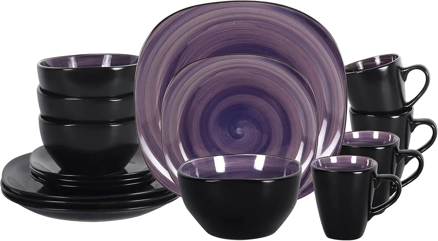 Stoneware Square 16pc Dinnerware Set, Inside Shiny Purple and Outside Matte Black
