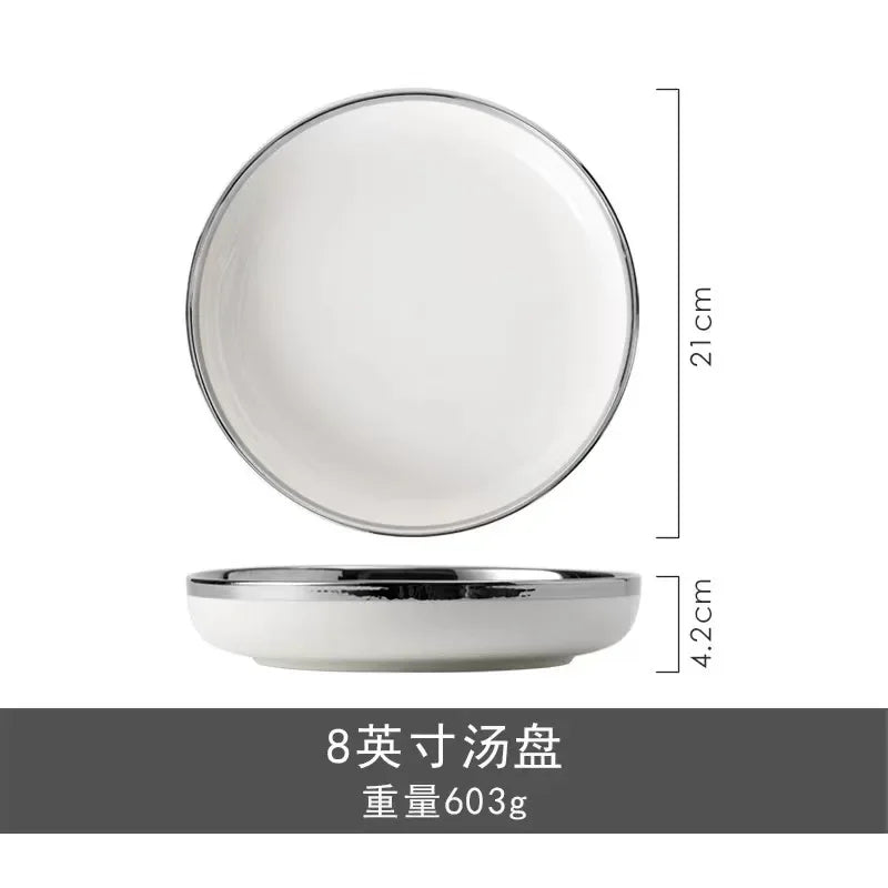 Marble Patterned Light Luxury Silver Edged Household Dishes, Spoons, High-end Dishes, Ceramic Soup Bowls, Modern Tableware